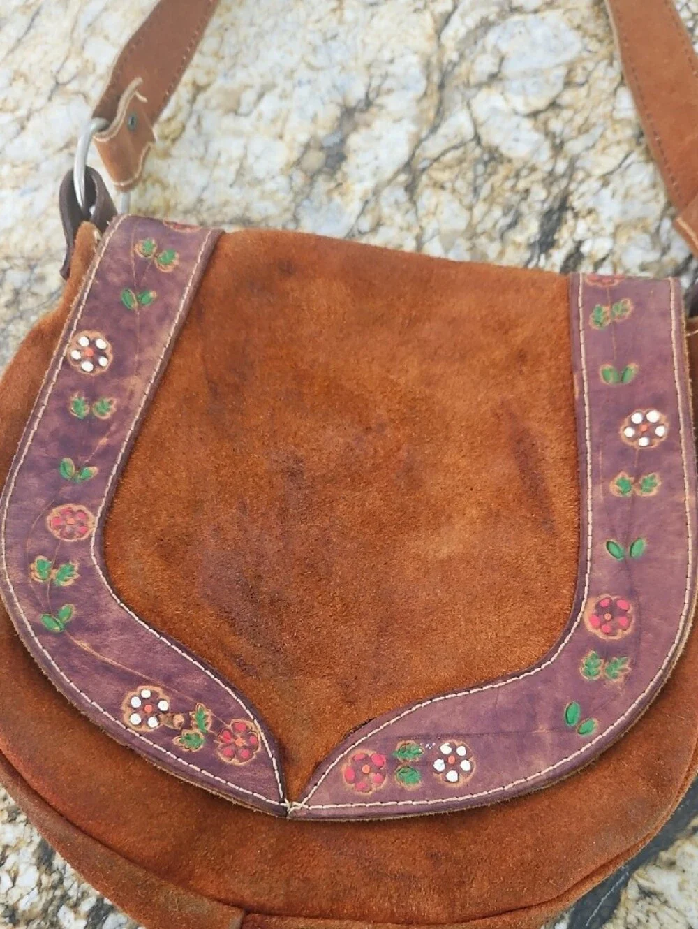 Undranded Boho Style Suede Hand Tooled Crossbody Bag Some Patina